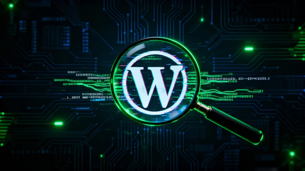 Cyber security loep boven glitching WordPress logo