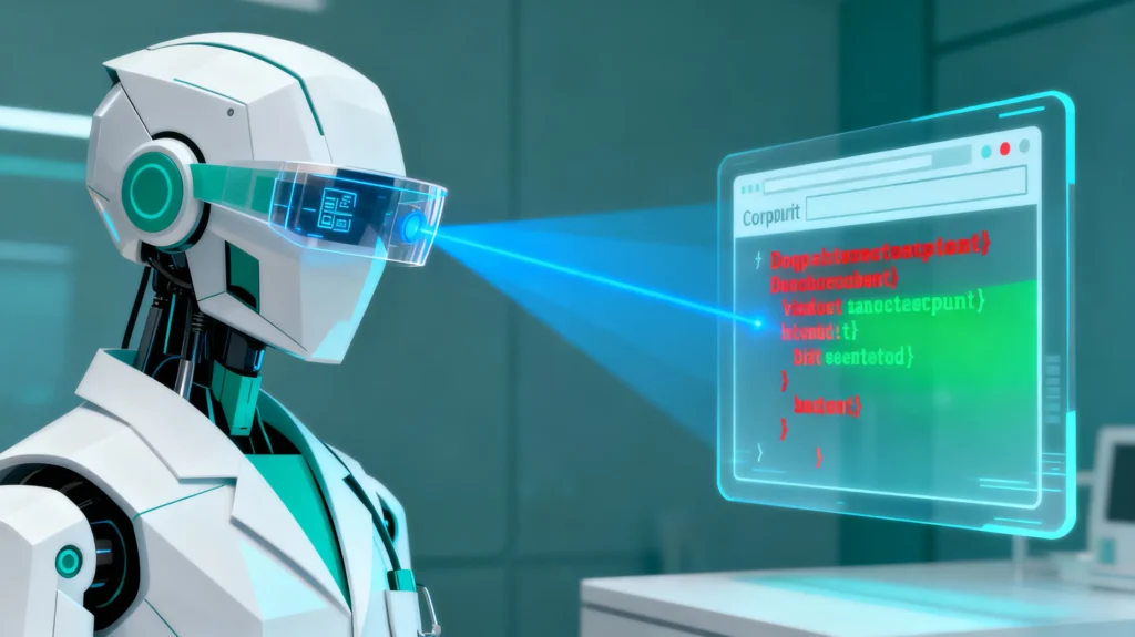 Futuristische robot scant computerscherm met programmacode
