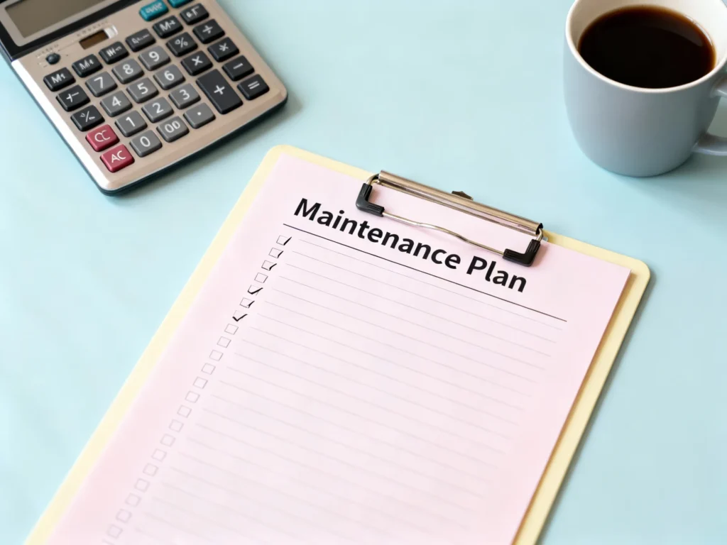 Checklist onderhoudsplan met calculator en koffie