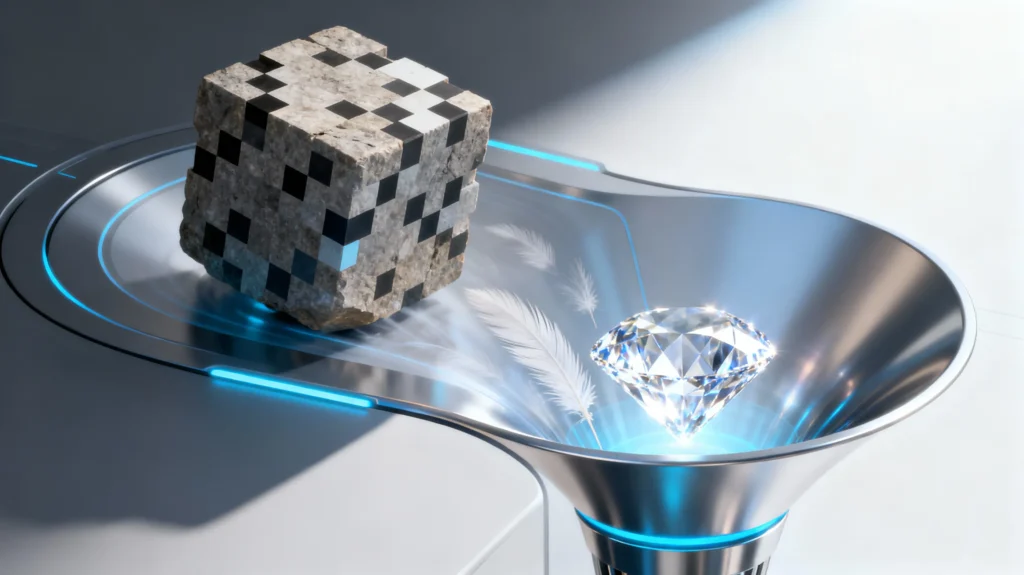 Futuristische weegschaal met diamant en stenen kubus