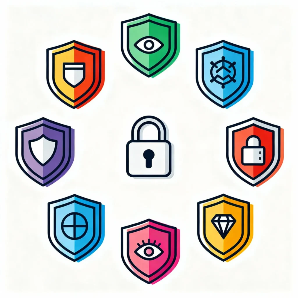 Kleurrijke beveiligingsschilden met privacy- en sloticonen