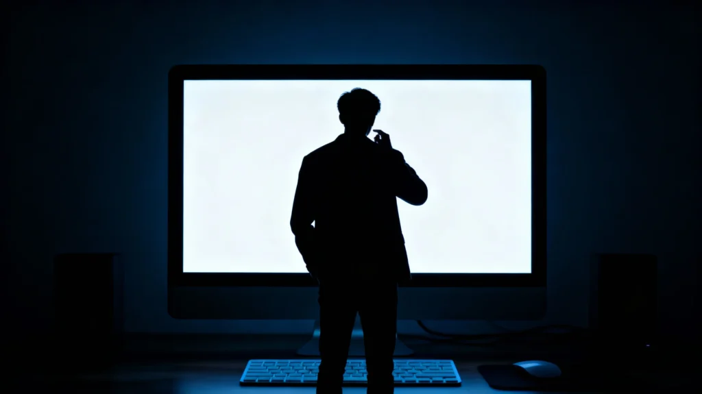 Silhouet van persoon voor groot computerscherm in donkere kamer