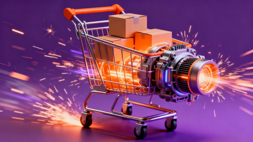 Winkelwagen met dozen en raketmotor vol vonken